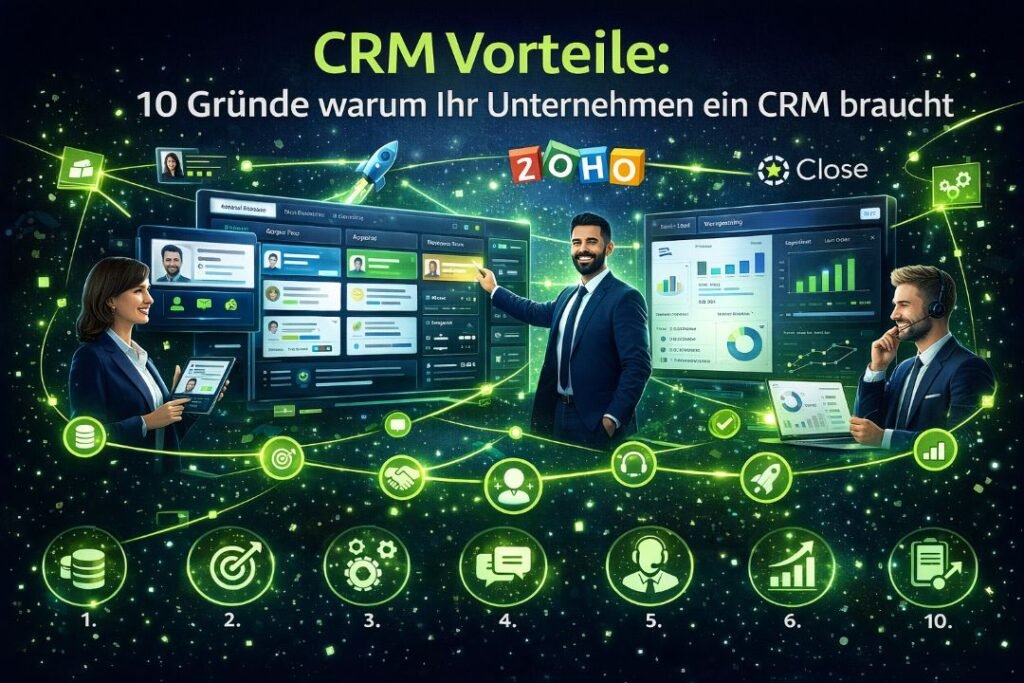 CRM Vorteile – Visualisierung eines CRM-Systems mit Dashboard, Vertriebsdaten, Marketing-Automation und 10 wichtigsten Gründen für den Einsatz im Unternehmen.