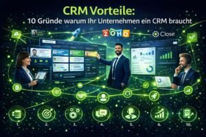 CRM Vorteile – Visualisierung eines CRM-Systems mit Dashboard, Vertriebsdaten, Marketing-Automation und 10 wichtigsten Gründen für den Einsatz im Unternehmen.
