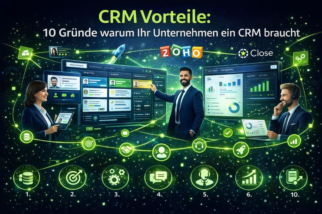 CRM Vorteile – Visualisierung eines CRM-Systems mit Dashboard, Vertriebsdaten, Marketing-Automation und 10 wichtigsten Gründen für den Einsatz im Unternehmen.