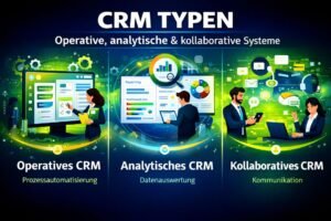 CRM Typen – Darstellung von operativem, analytischem und kollaborativem CRM mit Dashboard, Datenanalyse und Kundenkommunikation.
