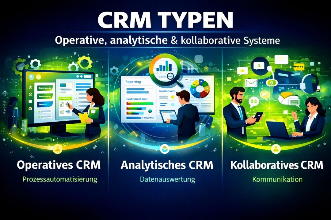 CRM Typen – Darstellung von operativem, analytischem und kollaborativem CRM mit Dashboard, Datenanalyse und Kundenkommunikation.