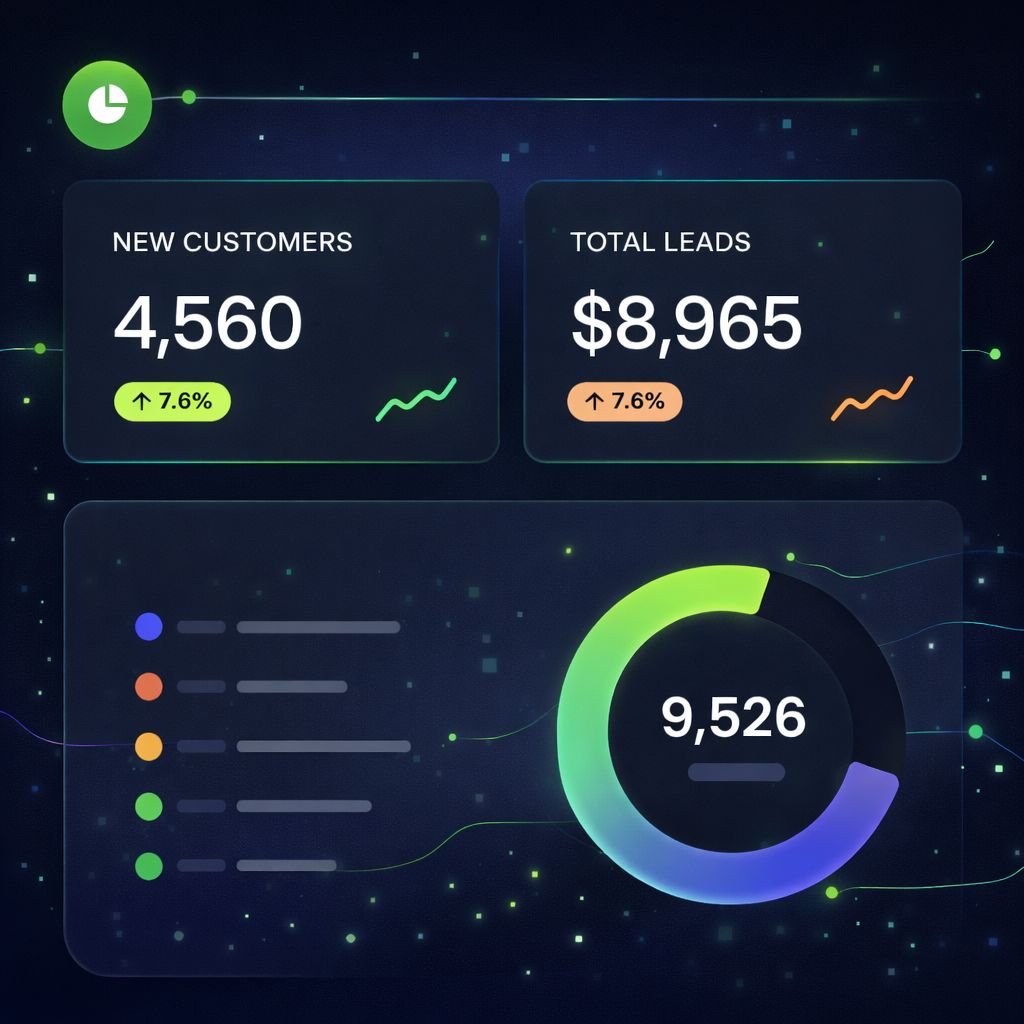 Modernes CRM Dashboard mit Kunden- und Lead-Analyse zur Veranschaulichung von CRM Software und Datenvisualisierung.