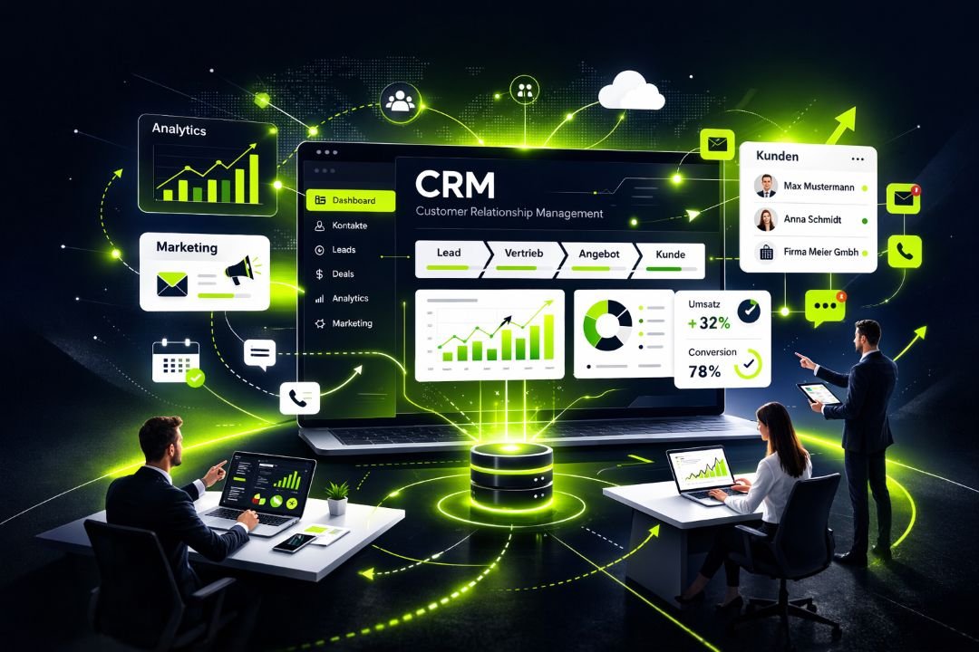 Was ist CRM: Visualisierung eines modernen CRM-Dashboards mit Sales-Pipeline, Kundenprofilen und Analyse-Daten zur Verwaltung von Kundenbeziehungen.