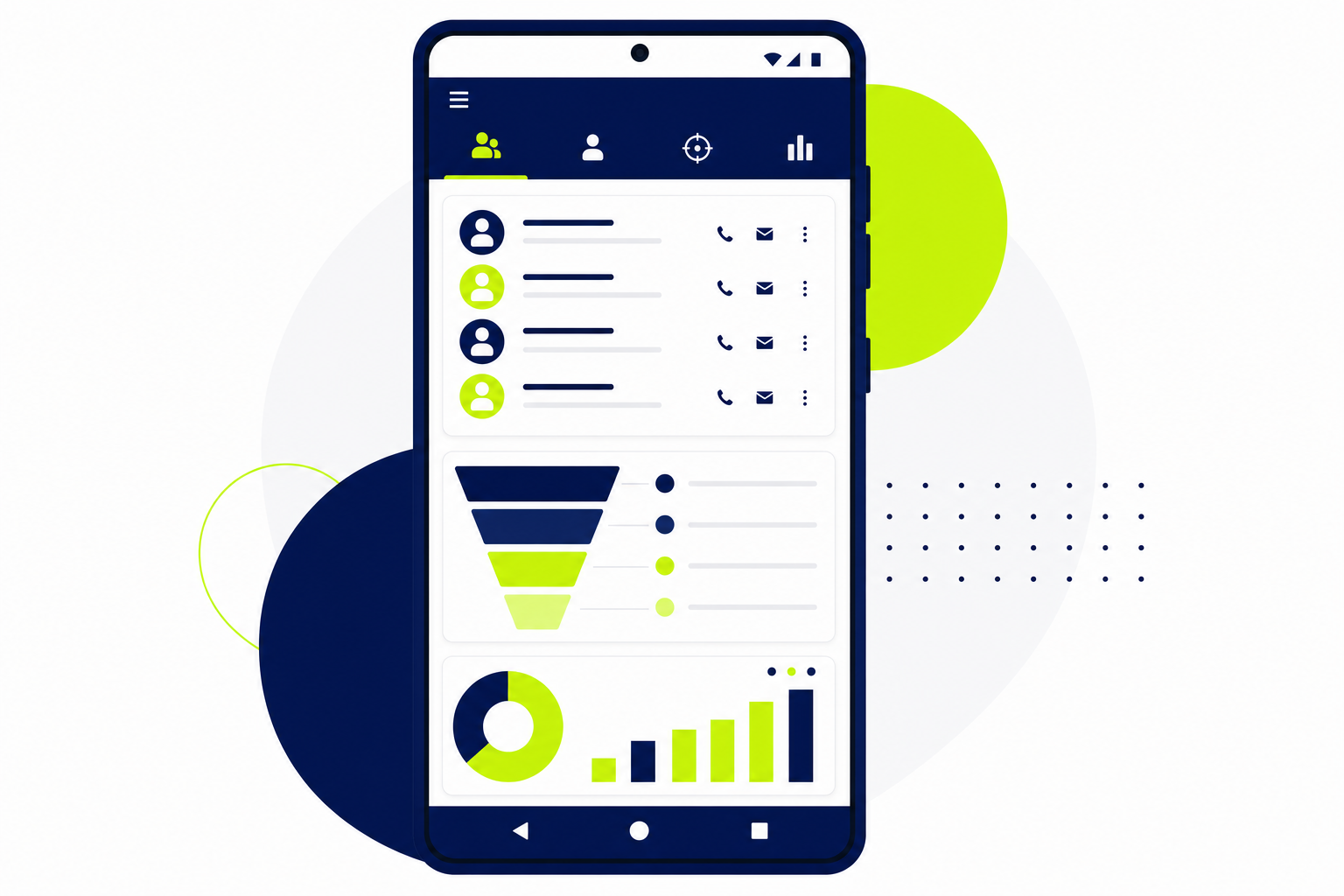 CRM App für Android auf Smartphone-Display mit Vertriebspipeline und Kontaktübersicht