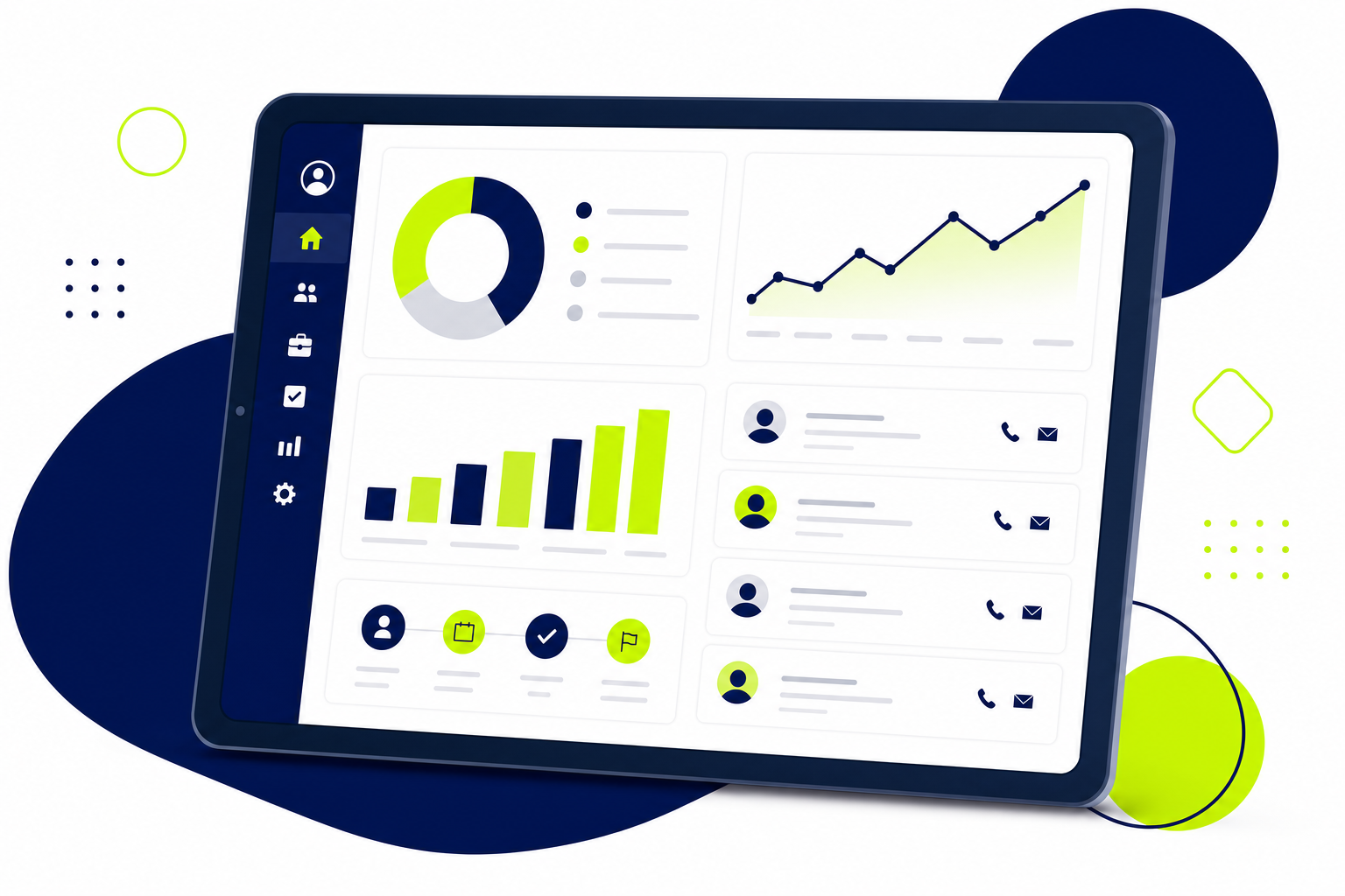 CRM App auf einem iPad mit Kontaktverwaltung und Vertriebspipeline in moderner Benutzeroberfläche