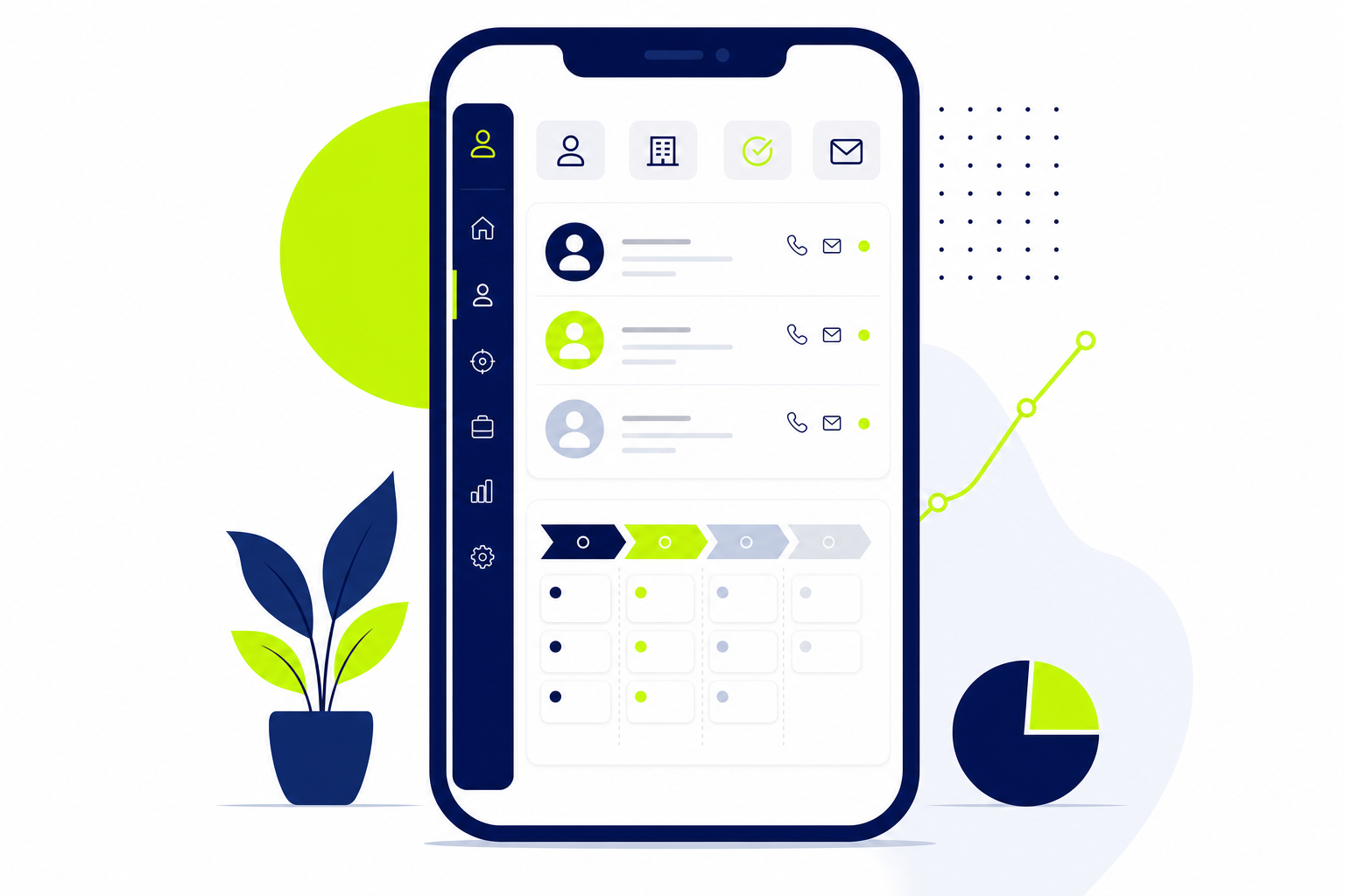 CRM App auf iPhone mit Kontaktverwaltung und Vertriebspipeline in moderner iOS-Oberfläche