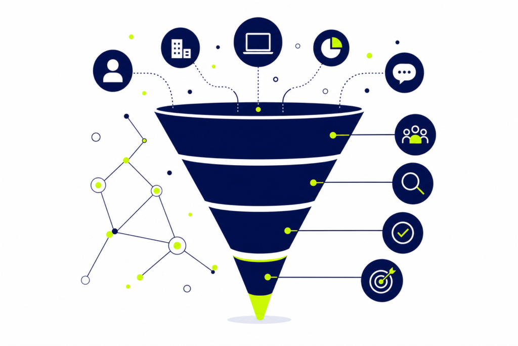 CRM im Vertrieb: Visuelle Pipeline-Darstellung mit Kundendaten und Sales-Stufen