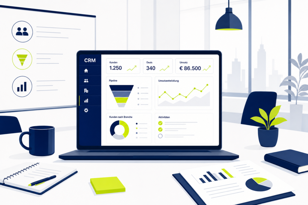 Team analysiert CRM-Software-Dashboard auf Laptop in modernem Büro