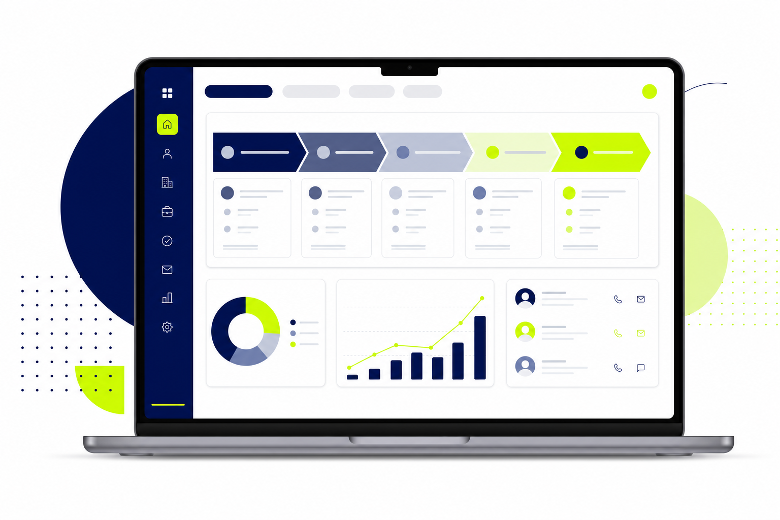 CRM Software auf einem Mac-Laptop mit Kunden-Dashboard und Vertriebspipeline in Flat-Design-Illustration