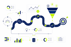 Illustration einer CRM Strategie mit Kundenprozessen, Datenpfeilen und Pipeline-Diagramm in Navy und Grün