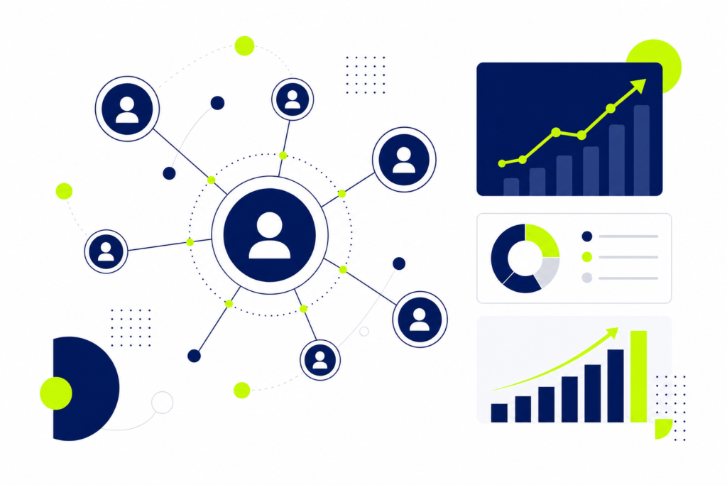 Illustration der CRM Vorteile mit vernetzten Kundendaten und Wachstumsgrafiken auf hellem Hintergrund