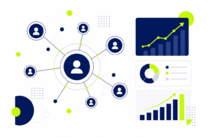 Illustration der CRM Vorteile mit vernetzten Kundendaten und Wachstumsgrafiken auf hellem Hintergrund