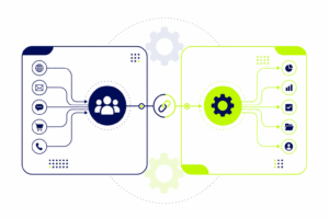 Illustration zeigt den Unterschied zwischen CRM und ERP als zwei vernetzte Softwaremodule