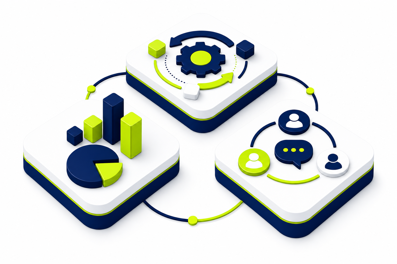 Drei CRM-Typen als flache Illustration: Operativ, Analytisch und Kollaborativ im Vergleich
