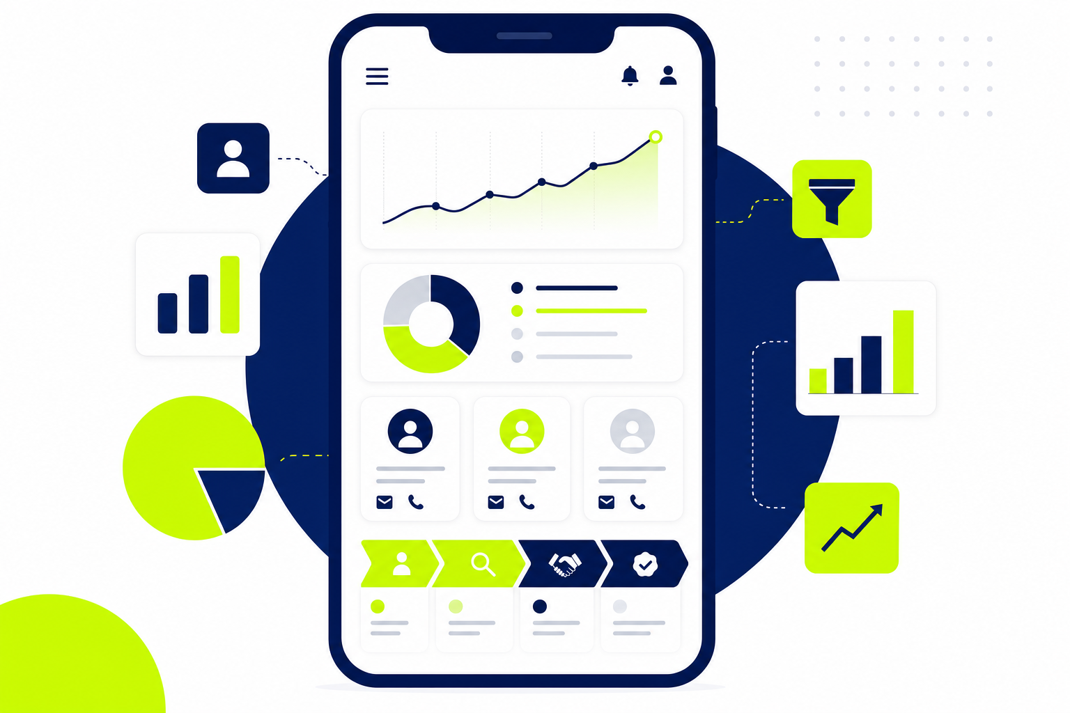 Mobile CRM Software auf Smartphone mit Vertriebspipeline und Kontaktübersicht dargestellt