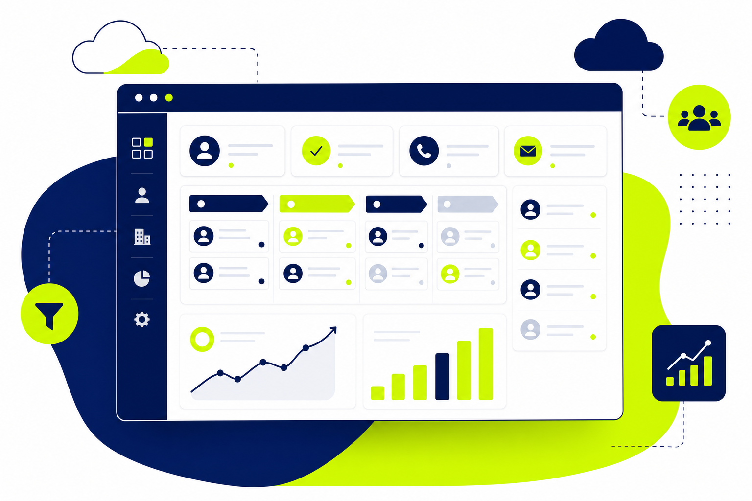 SaaS CRM Dashboard für kleine Unternehmen mit Cloud-Symbolen und Vertriebspipeline-Übersicht