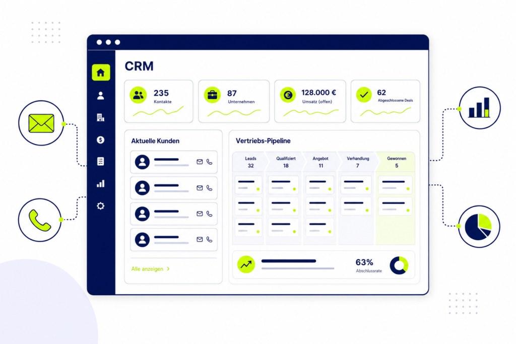 Illustration eines CRM-Systems mit Kundendaten, Vertriebspipeline und vernetzten Kommunikationskanälen