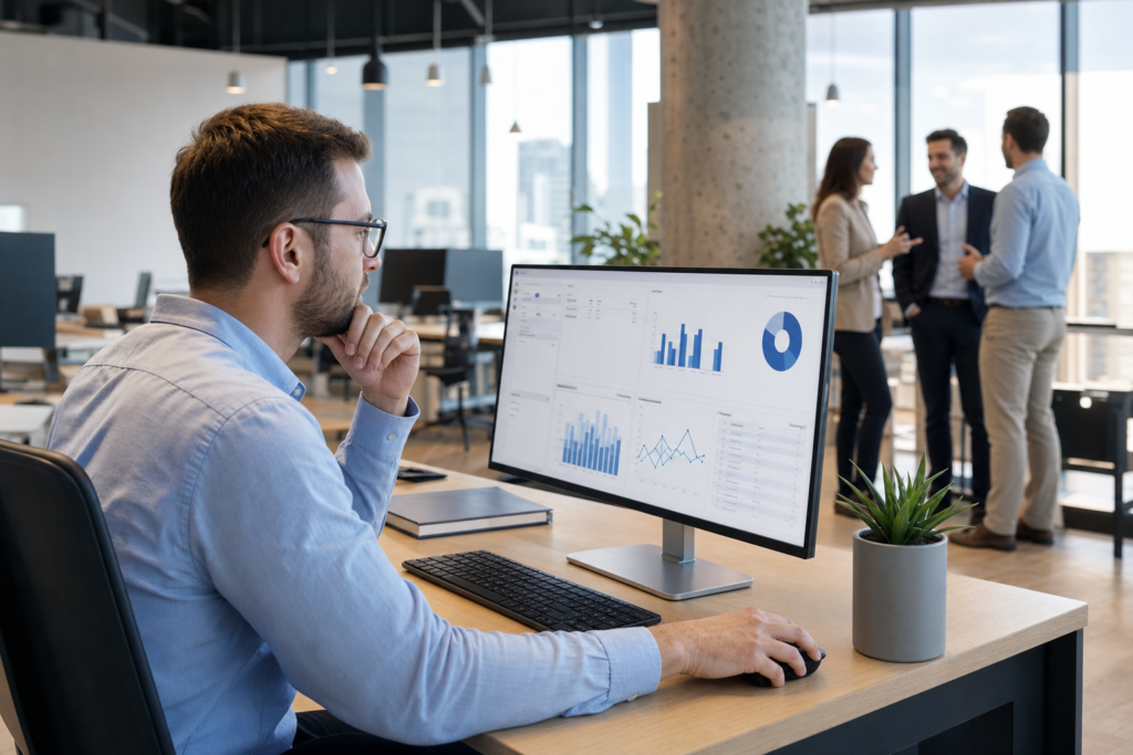 Vertriebsmitarbeiter analysiert CRM-Dashboard auf großem Monitor in modernem Büro