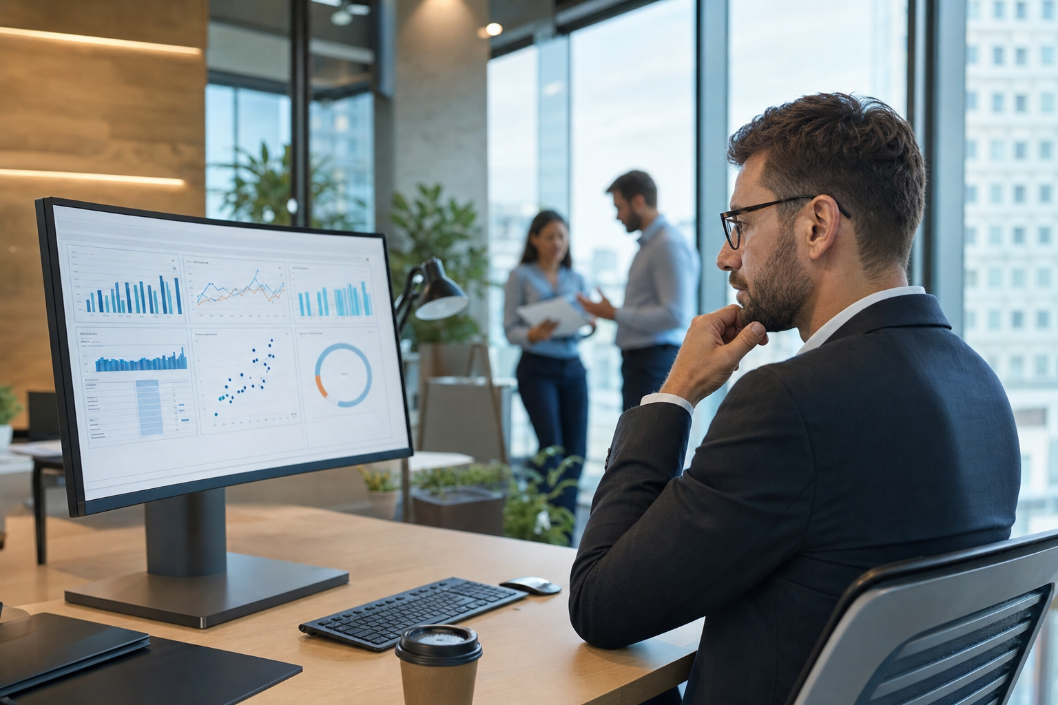 Vertriebsmitarbeiter analysiert CRM-Dashboard auf großem Monitor in modernem Büro