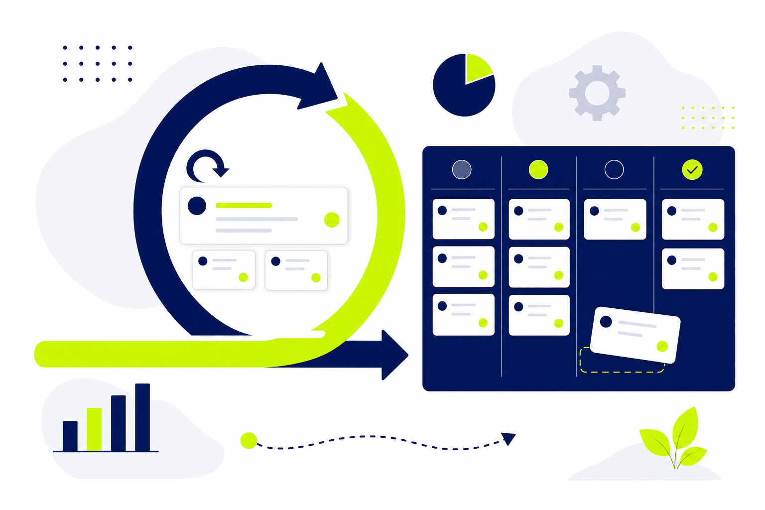 Agile Projektmanagement Software mit Scrum-Sprint-Board und Kanban-Spalten in moderner Flat-Design-Darstellung