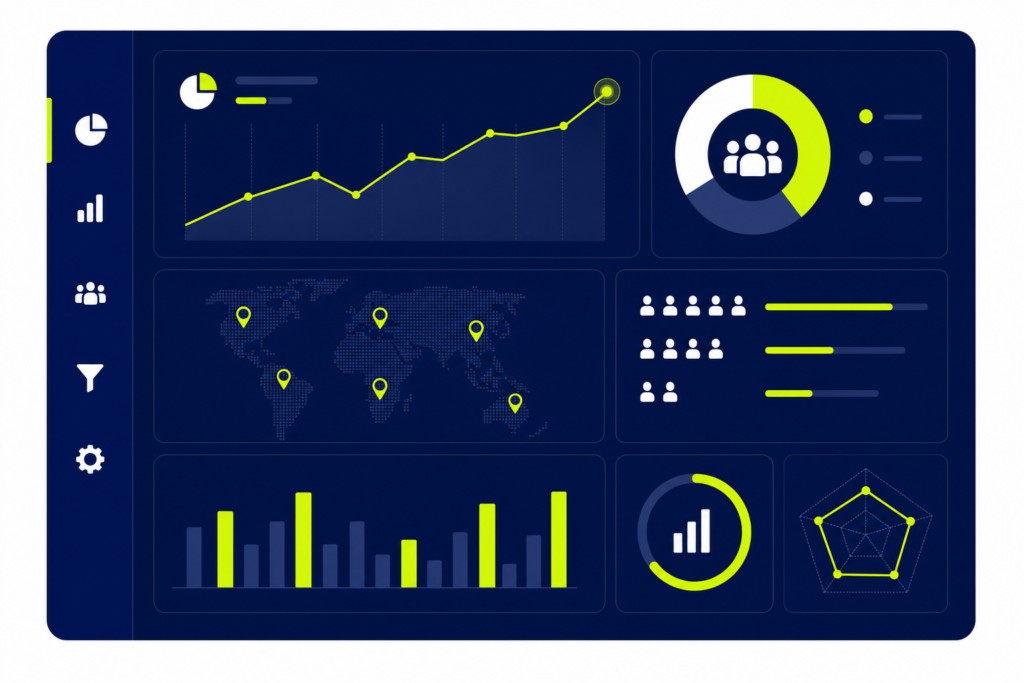 Analytisches CRM Dashboard mit Kundendaten, Diagrammen und Segmentierungsanalyse auf blauem Hintergrund