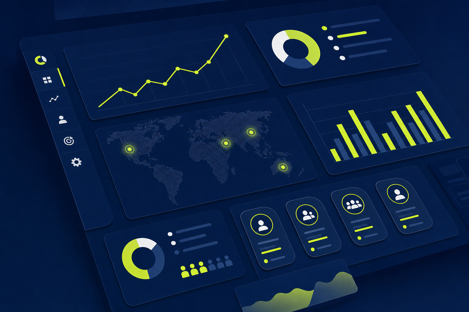 Analytisches CRM Dashboard mit Kundendaten, Diagrammen und Segmentierungsanalyse auf blauem Hintergrund
