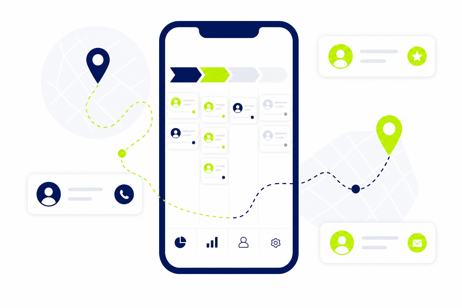 Mobile CRM App für Außendienst auf Smartphone mit Kundendaten und Routenplanung