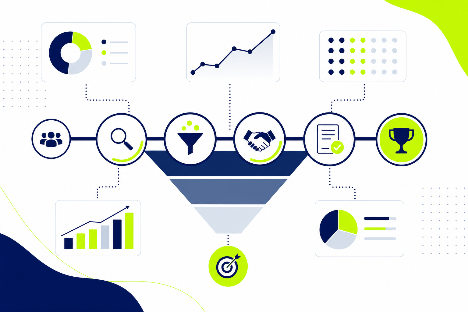 Illustration eines B2B-CRM-Vertriebsprozesses mit Pipeline-Stufen und Datenpunkten