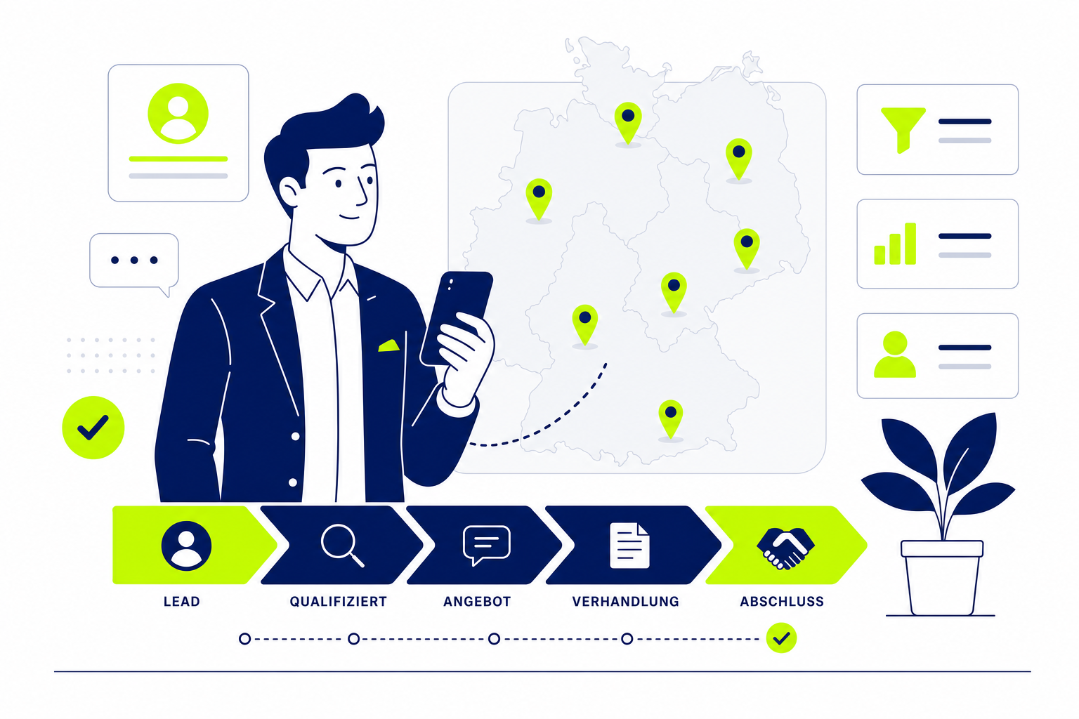 Außendienstmitarbeiter nutzt CRM Field Sales Software auf dem Smartphone mit Kartenansicht und Kundenpipeline