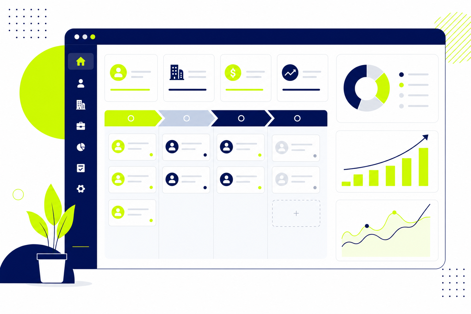 CRM-Dashboard für Startups mit Pipeline-Ansicht und Kontaktkarten in modernem Flat Design
