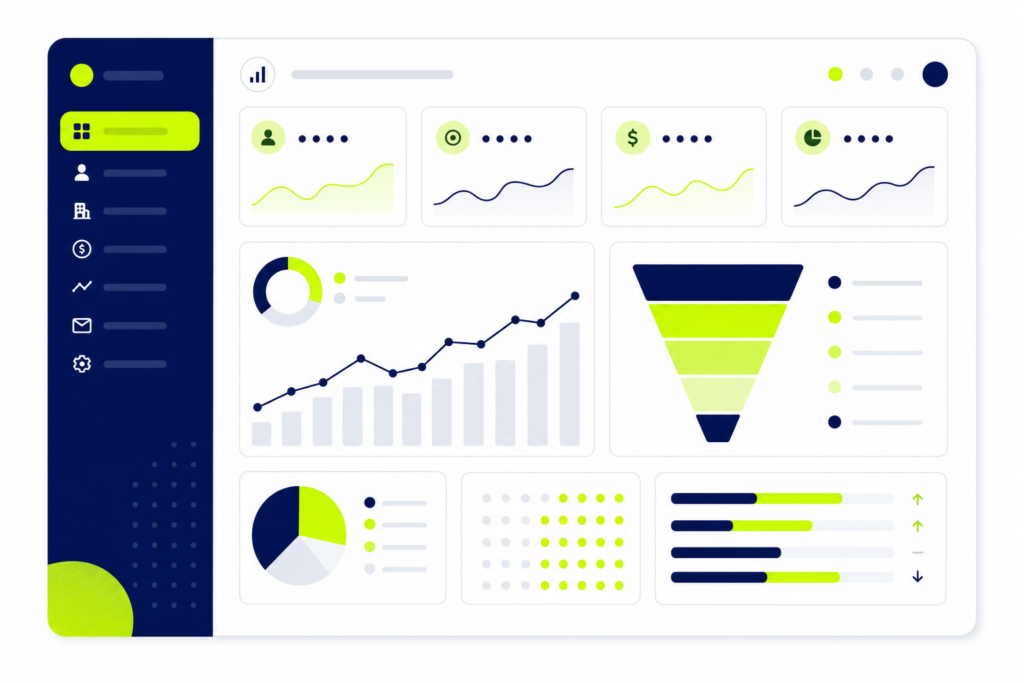 CRM KPI Dashboard mit Kennzahlen, Trichter und Diagrammen in modernem Flat-Design