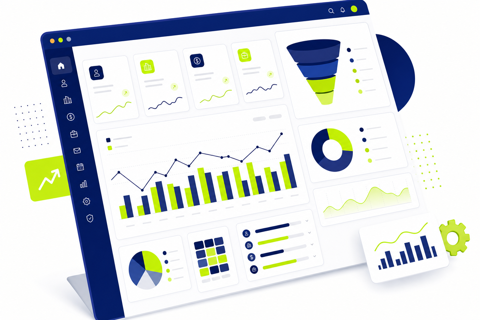 CRM KPI Dashboard mit Kennzahlen, Trichter und Diagrammen in modernem Flat-Design