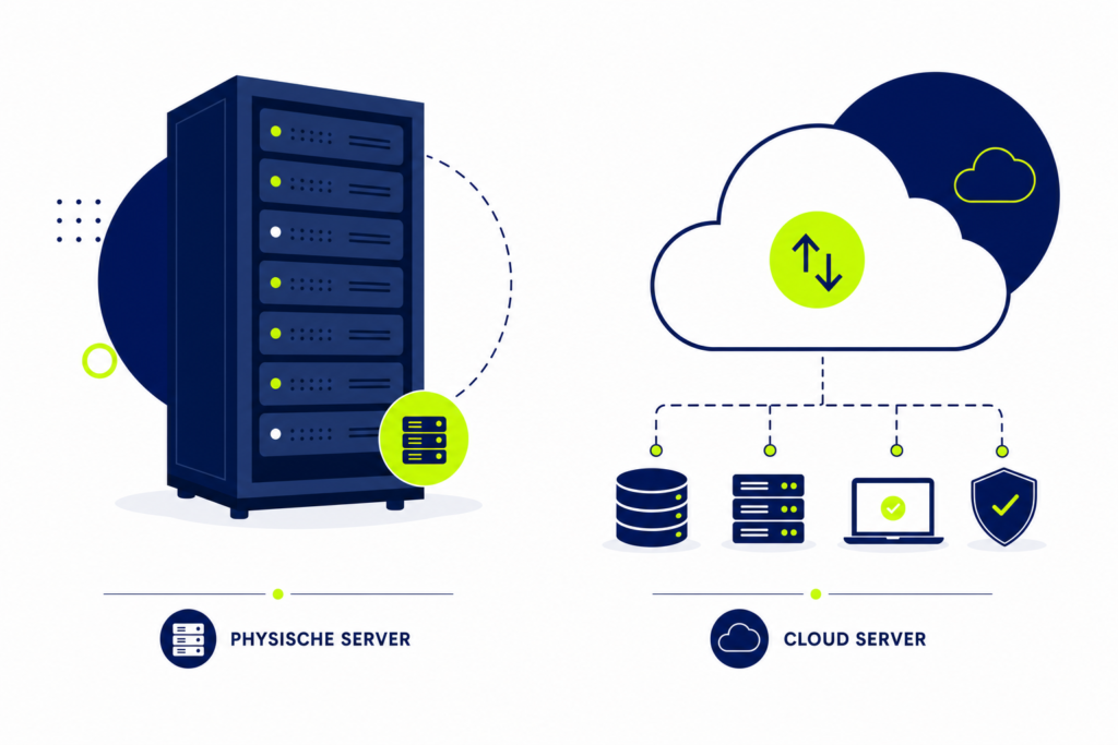 Vergleich zwischen CRM On-Premise Server und Cloud-CRM Infrastruktur als flache Illustration