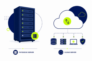 Vergleich zwischen CRM On-Premise Server und Cloud-CRM Infrastruktur als flache Illustration
