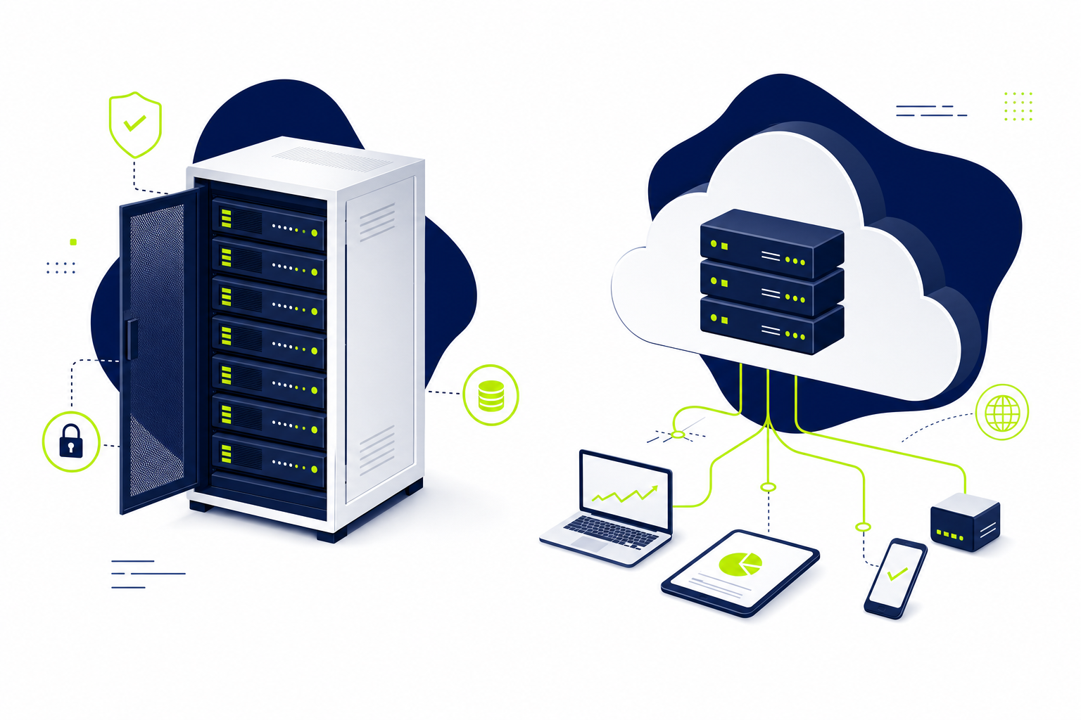 Vergleich zwischen CRM On-Premise Server und Cloud-CRM Infrastruktur als flache Illustration