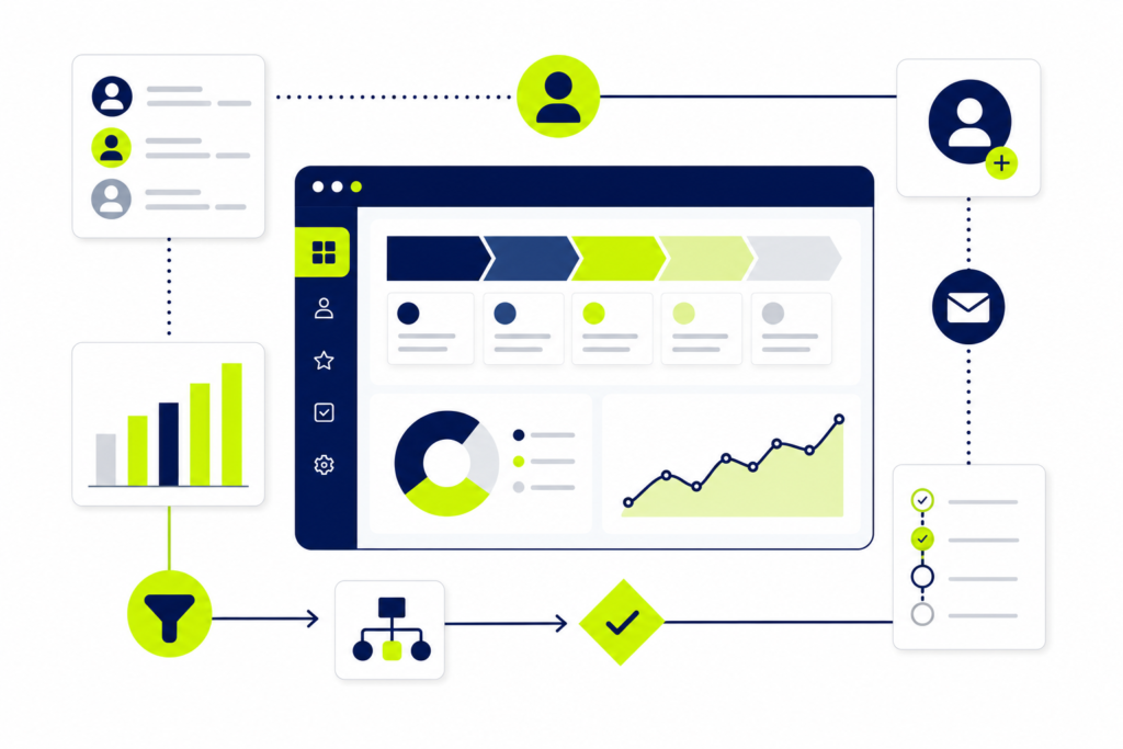 Illustration moderner CRM Tools mit Pipeline-Dashboard und vernetzten Kundendaten-Elementen