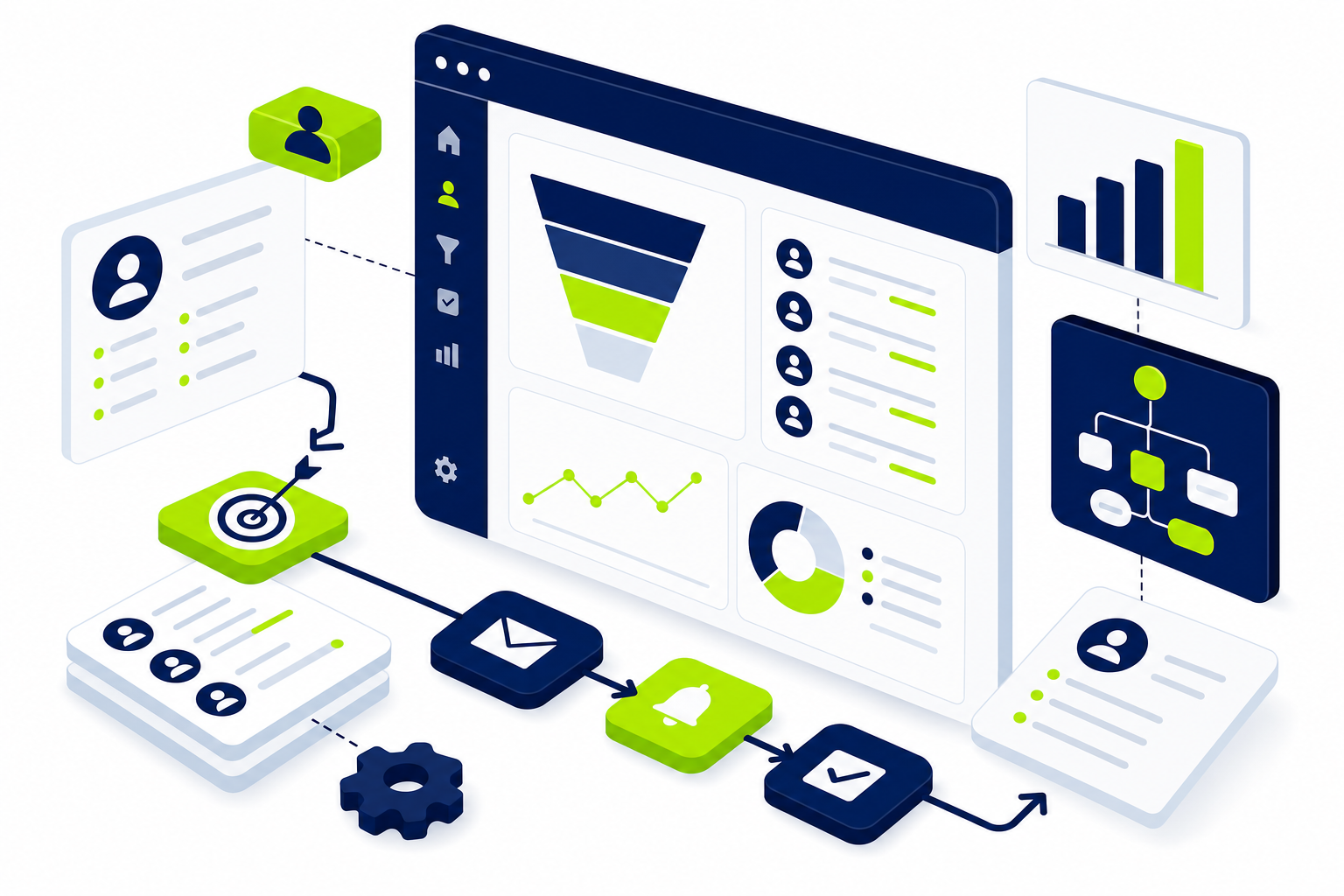 Illustration moderner CRM Tools mit Pipeline-Dashboard und vernetzten Kundendaten-Elementen