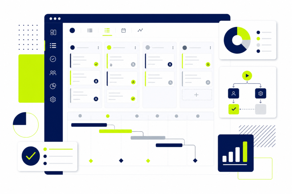 Digitales Projektmanagement Dashboard mit Aufgaben-Boards und Zeitplanleisten in Navy und Grün