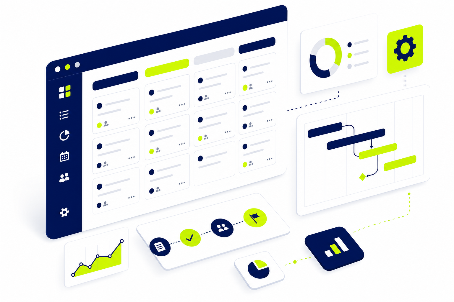 Digitales Projektmanagement Dashboard mit Aufgaben-Boards und Zeitplanleisten in Navy und Grün