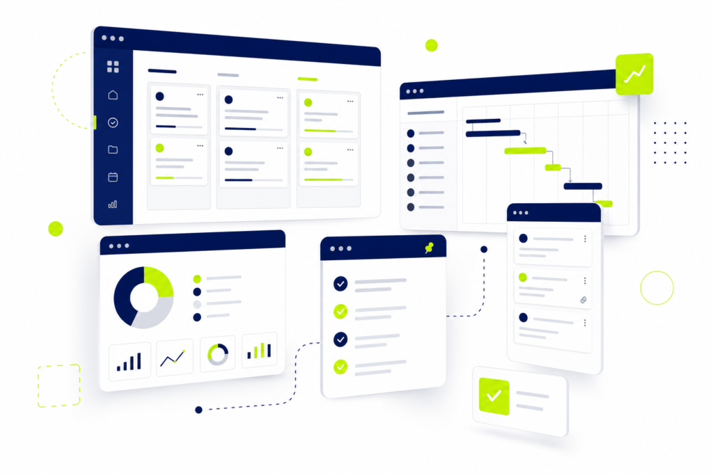 Vergleich verschiedener Projektmanagement Tools als digitale Kanban-Boards und Task-Karten auf weißem Hintergrund