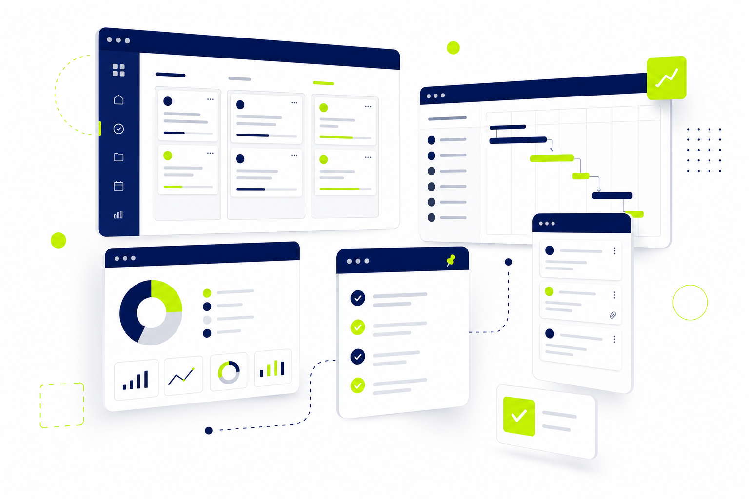 Vergleich verschiedener Projektmanagement Tools als digitale Kanban-Boards und Task-Karten auf weißem Hintergrund