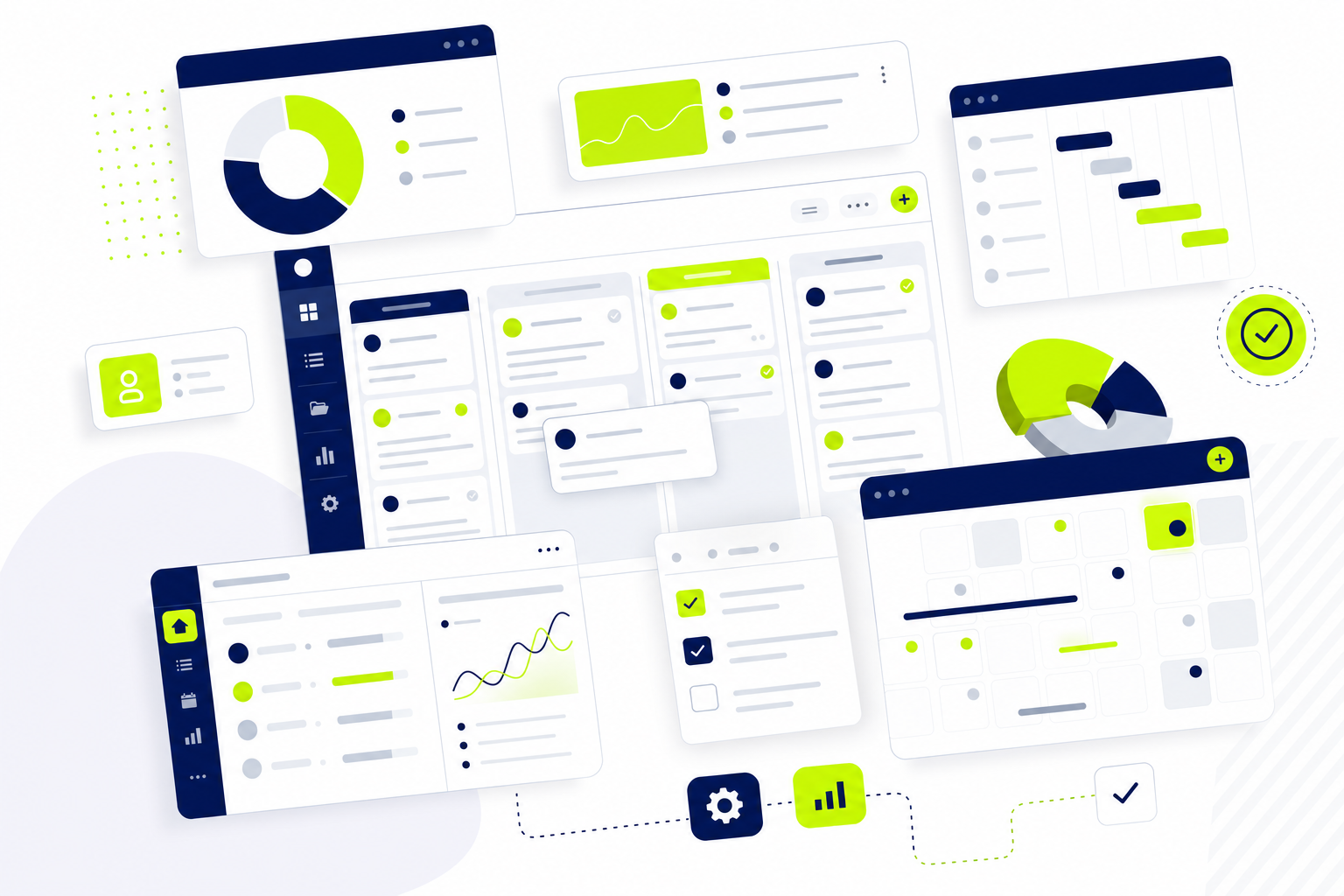 Vergleich verschiedener Projektmanagement Tools als digitale Kanban-Boards und Task-Karten auf weißem Hintergrund