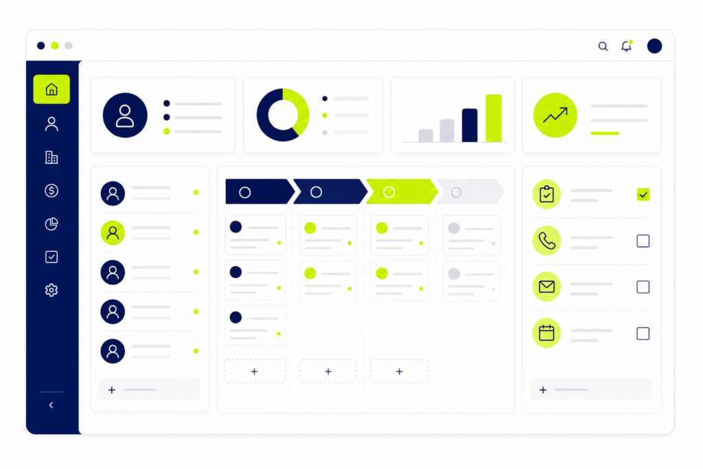 Einfaches CRM Dashboard mit Kontaktliste, Vertriebspipeline und Aufgaben auf weißem Hintergrund