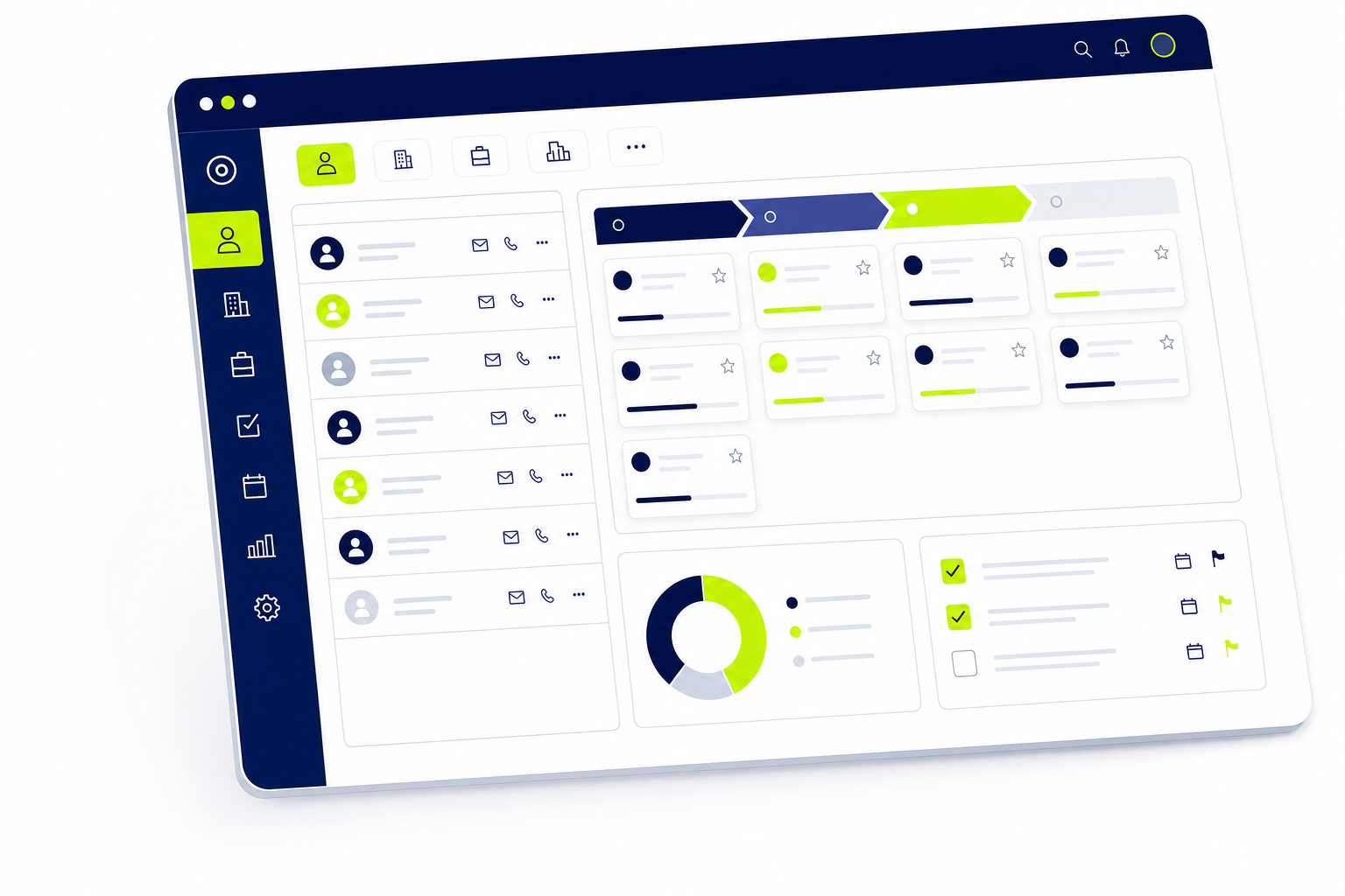 Einfaches CRM Dashboard mit Kontaktliste, Vertriebspipeline und Aufgaben auf weißem Hintergrund