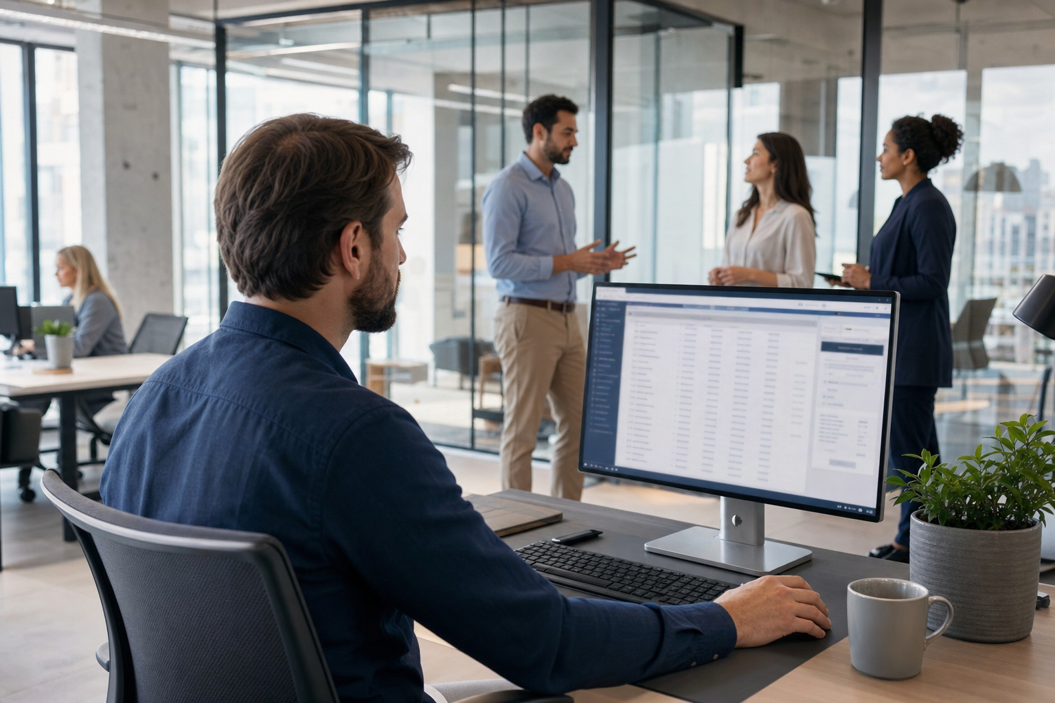Vertriebsmitarbeiter analysiert KI-gestütztes CRM-Dashboard auf modernem Bürobildschirm