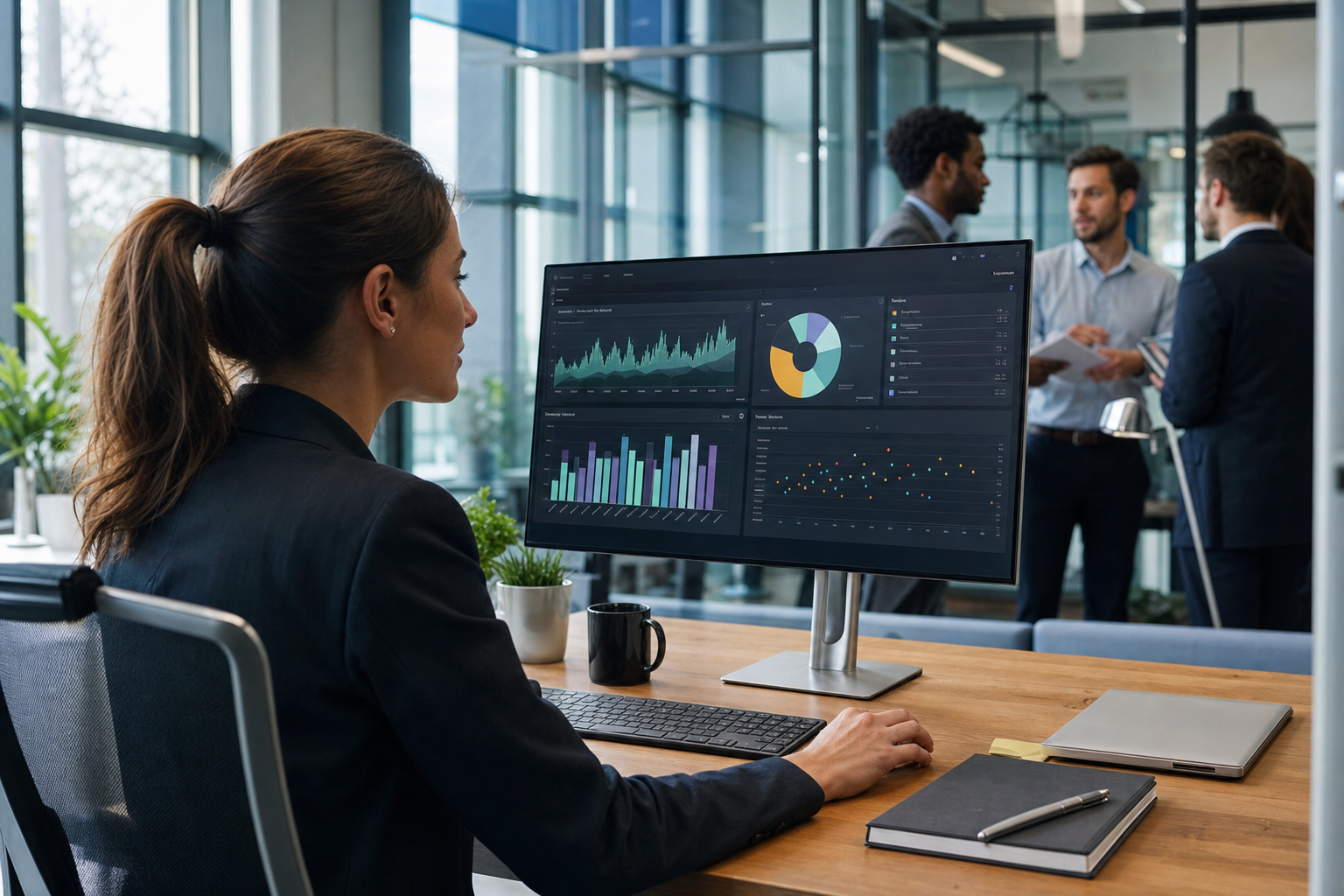 Vertriebsmitarbeiter analysiert KI-gestütztes CRM-Dashboard auf modernem Bürobildschirm