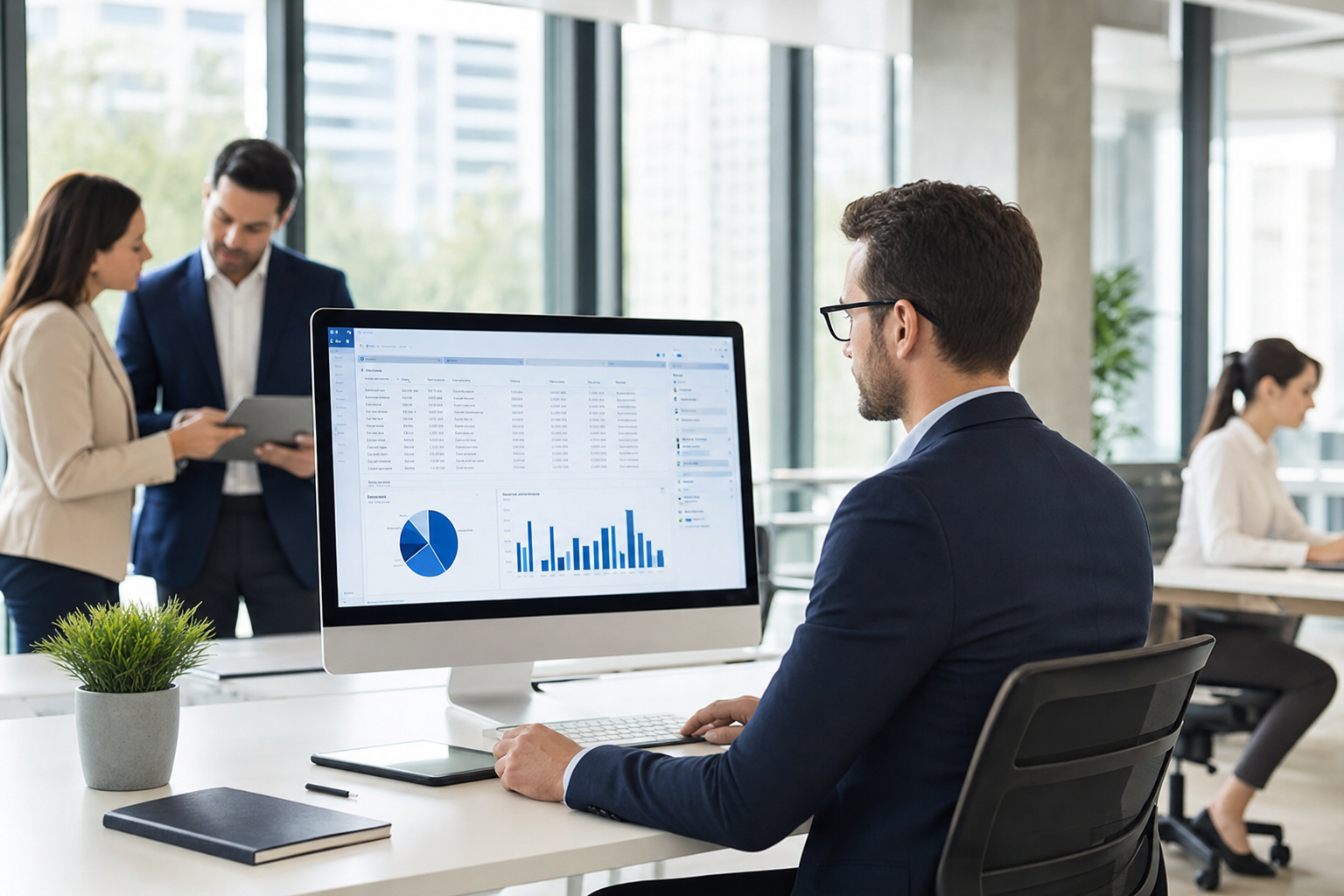 Vertriebsmitarbeiter analysiert KI-gestütztes CRM-Dashboard auf großem Monitor im modernen Büro