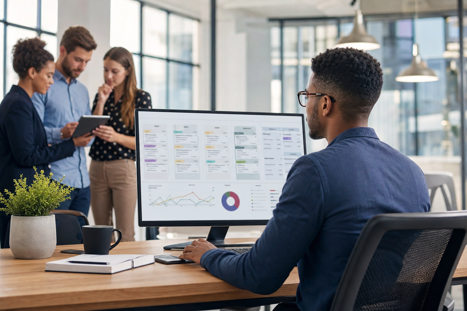 Vertriebsmitarbeiter analysiert KI-gestütztes CRM-Dashboard auf großem Monitor im modernen Büro