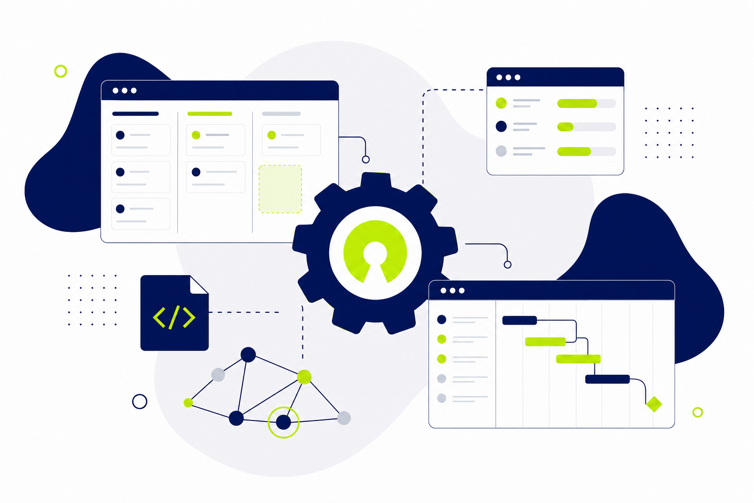 Open Source Projektmanagement Software Vergleich mit Kanban-Board und Gantt-Diagramm Illustration