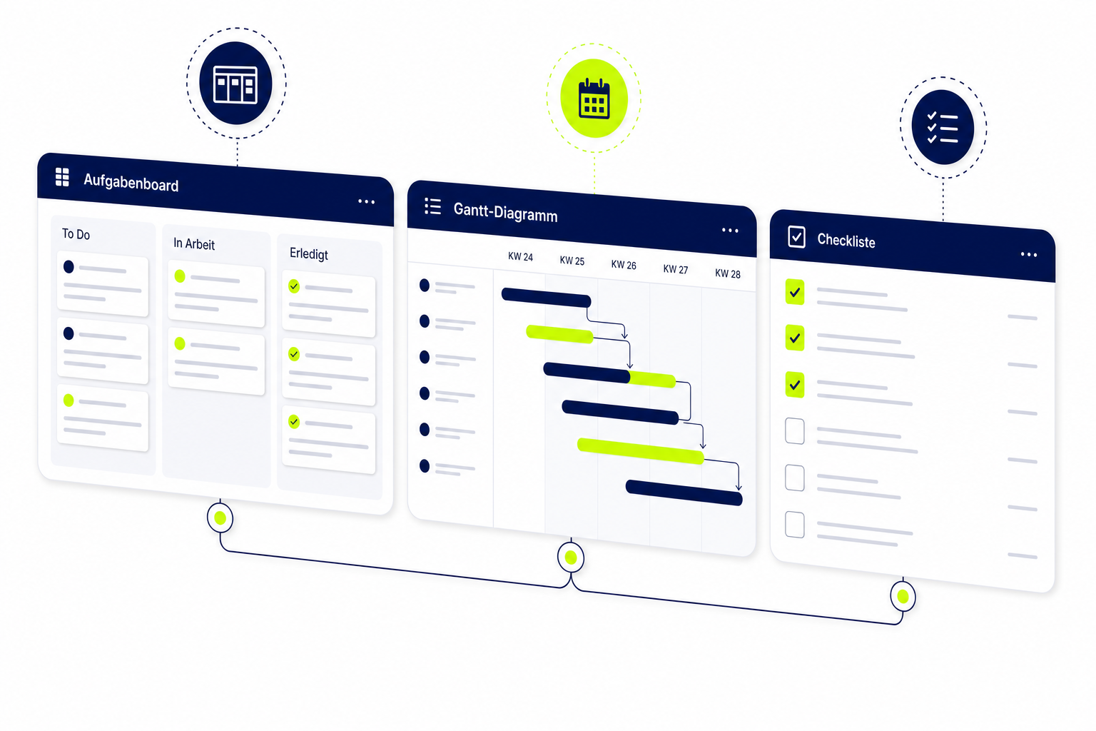 Illustration dreier Microsoft-Projektmanagement-Tools als verbundene Karten auf weißem Hintergrund